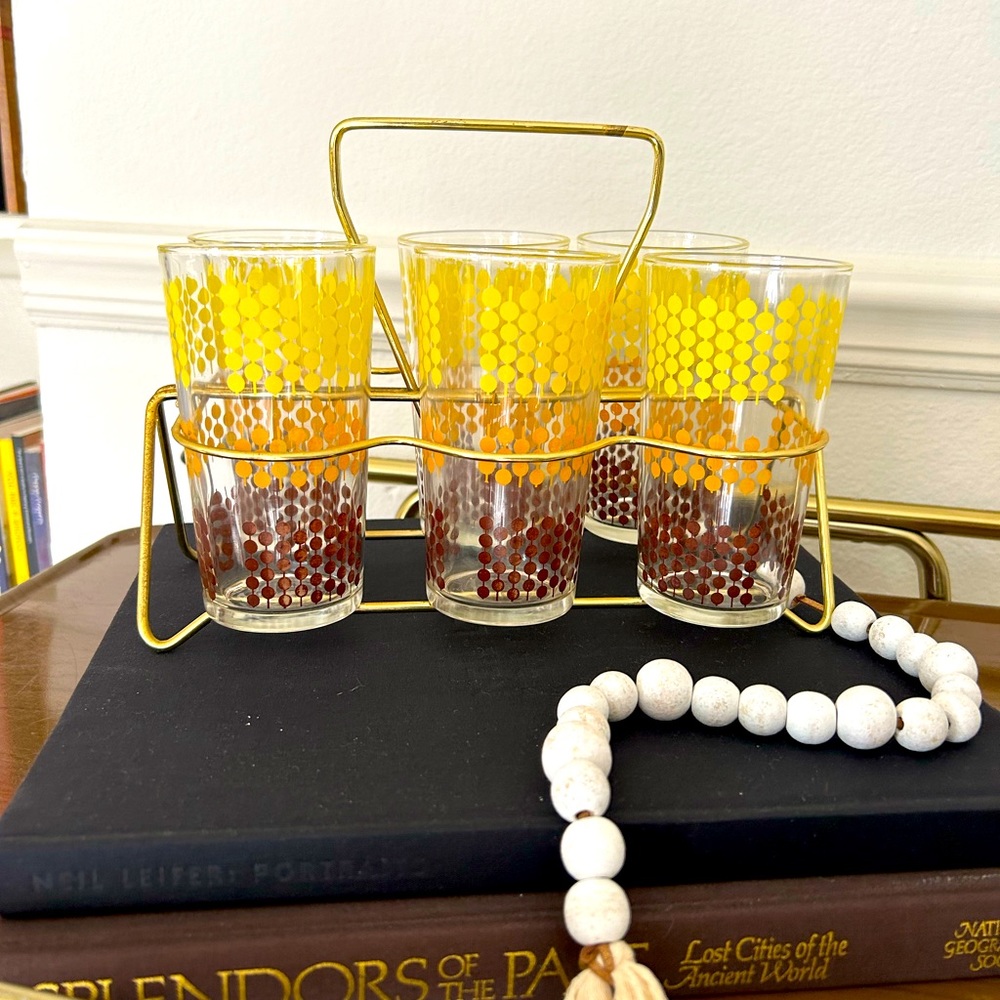 Mid-Century Modern Drinking Glasses (6)  w/Caddy